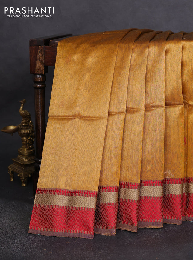 Maheshwari silk cotton saree mustard yellow and red with thread woven buttas and thread woven border