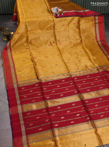 Maheshwari silk cotton saree mustard yellow and red with thread woven buttas and thread woven border
