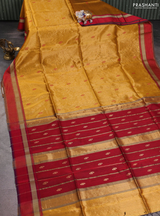 Maheshwari silk cotton saree mustard yellow and red with thread woven buttas and thread woven border