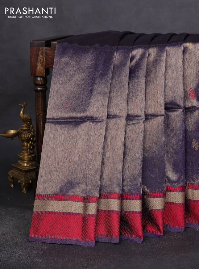 Maheshwari tissue silk cotton saree blue and red with thread & zari woven buttas and thread woven border