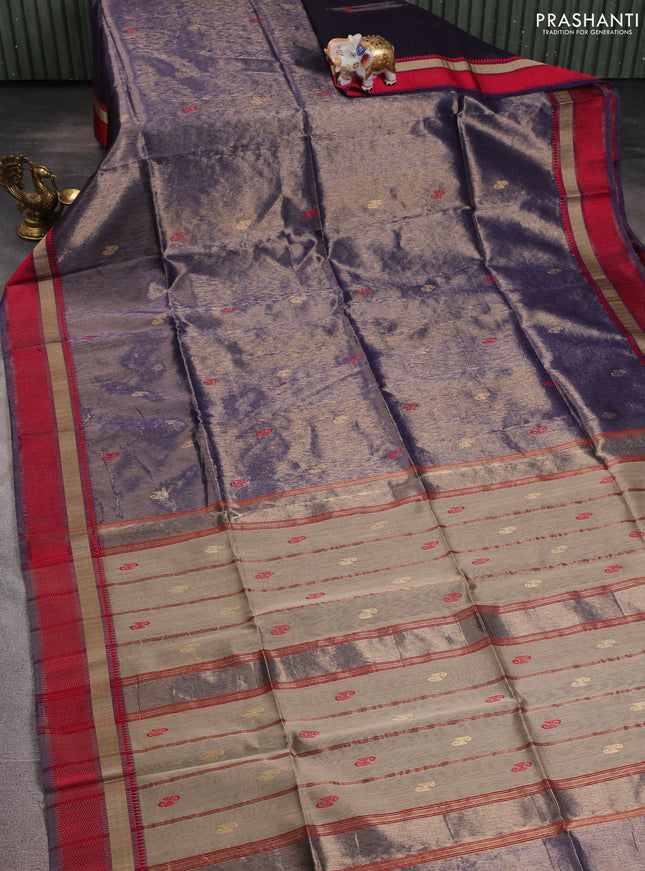 Maheshwari tissue silk cotton saree blue and red with thread & zari woven buttas and thread woven border