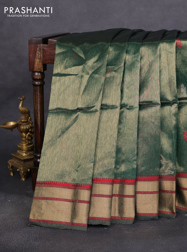 Maheshwari tissue silk cotton saree green and red with thread woven buttas and thread woven border