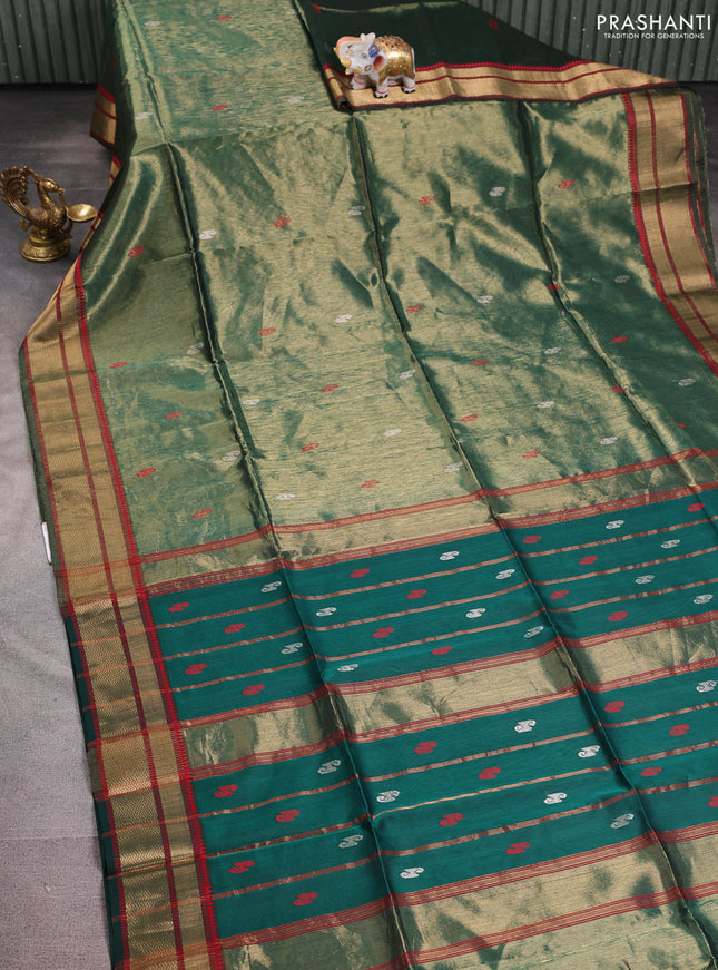 Maheshwari tissue silk cotton saree green and red with thread woven buttas and thread woven border
