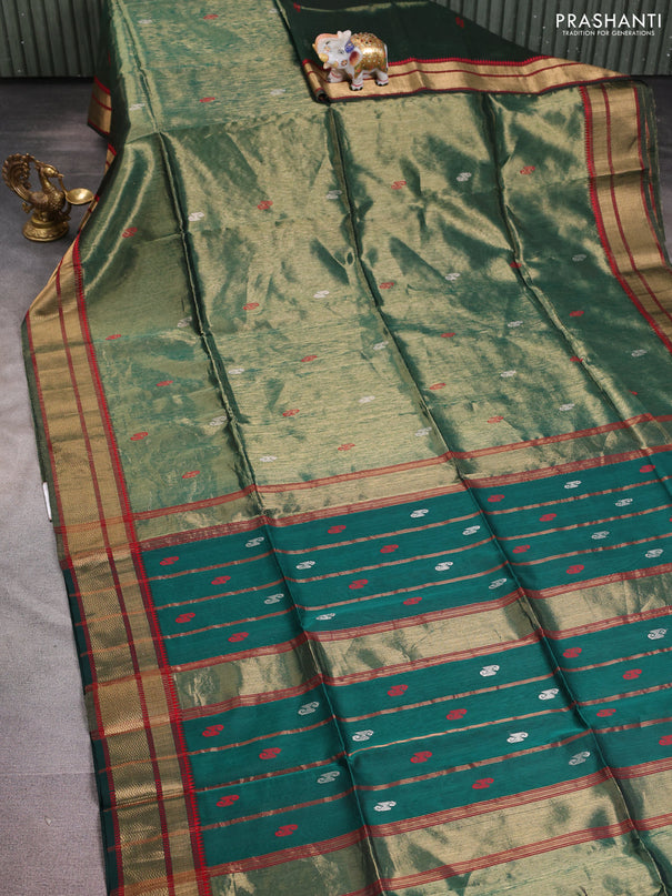 Maheshwari tissue silk cotton saree green and red with thread woven buttas and thread woven border