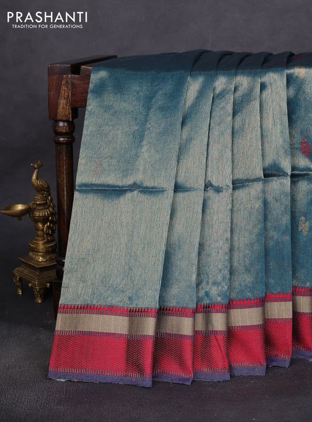 Maheshwari tissue silk cotton saree cs blue and beige red with thread & zari woven buttas and thread woven border