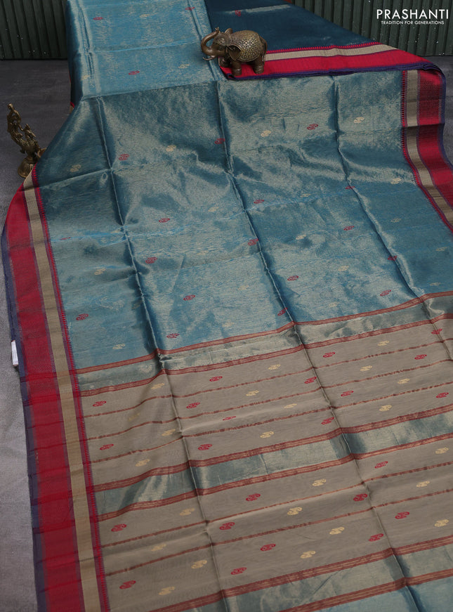 Maheshwari tissue silk cotton saree cs blue and beige red with thread & zari woven buttas and thread woven border