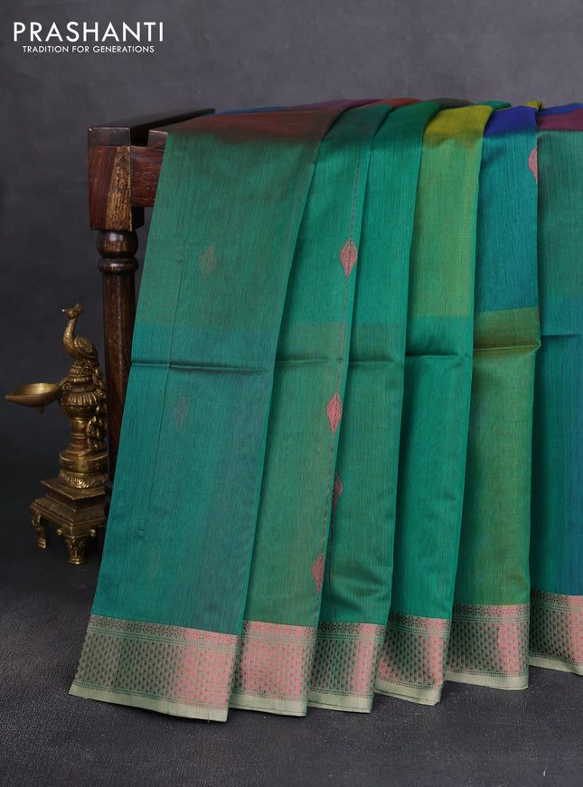 Maheshwari silk cotton saree dual shade of teal green and beige with allover zari weaves and woven border