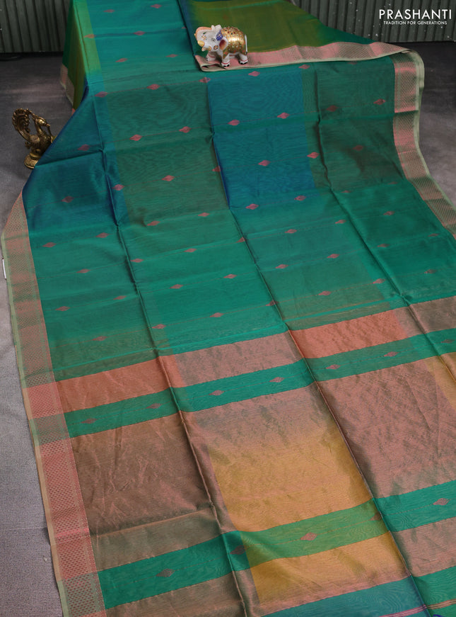 Maheshwari silk cotton saree dual shade of teal green and beige with allover zari weaves and woven border