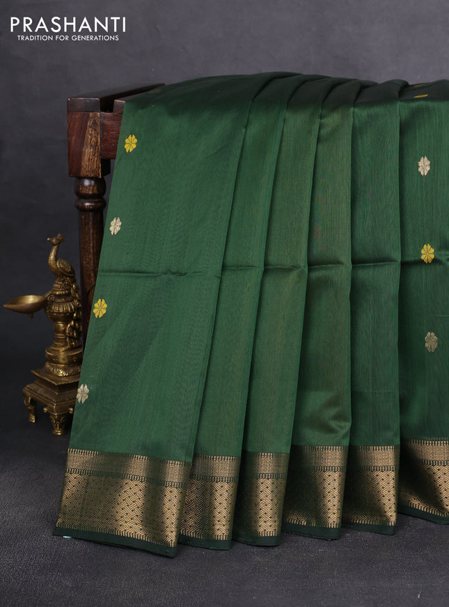 Maheshwari silk cotton saree bottle green and mustard yellow with thread & zari woven buttas and zari woven border