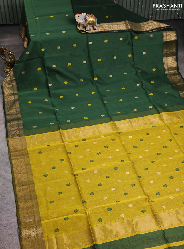 Maheshwari silk cotton saree bottle green and mustard yellow with thread & zari woven buttas and zari woven border