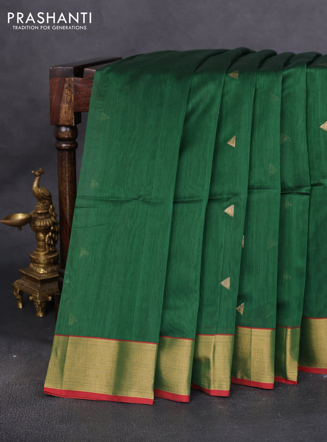 Maheshwari silk cotton saree green and maroon with zari woven geometric buttas and zari woven border
