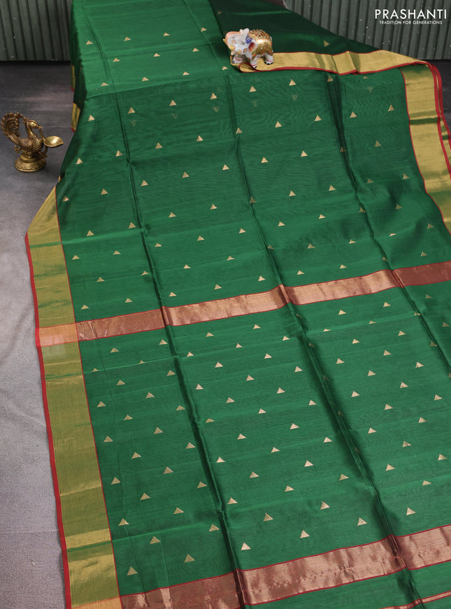 Maheshwari silk cotton saree green and maroon with zari woven geometric buttas and zari woven border