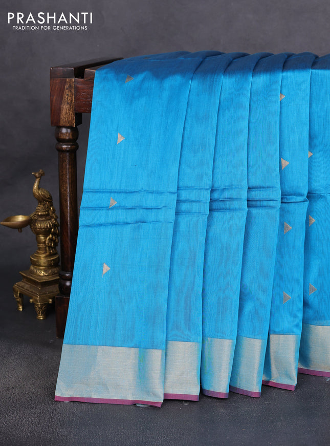 Maheshwari silk cotton saree cs blue and red with zari woven geometric buttas and zari woven border