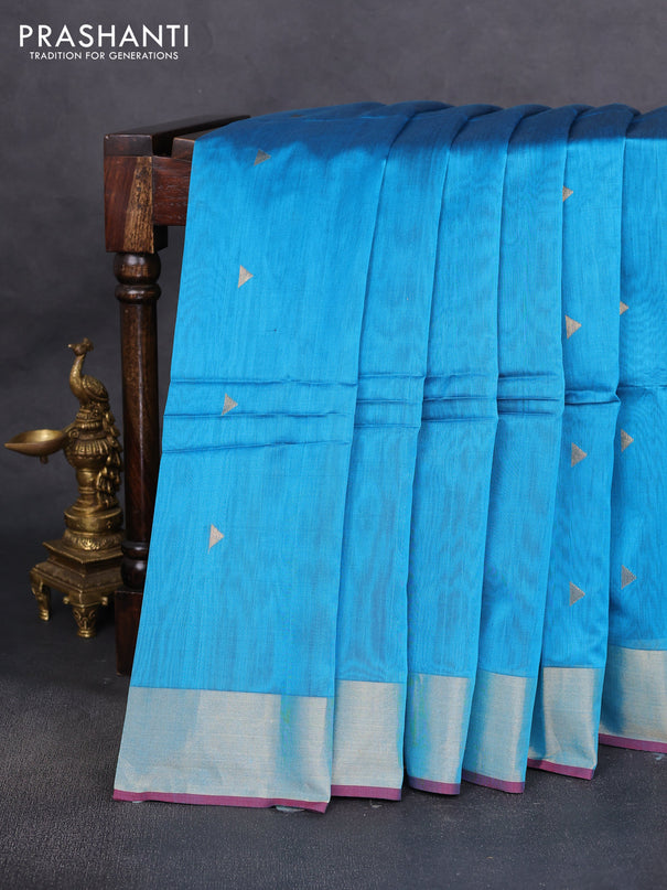 Maheshwari silk cotton saree cs blue and red with zari woven geometric buttas and zari woven border
