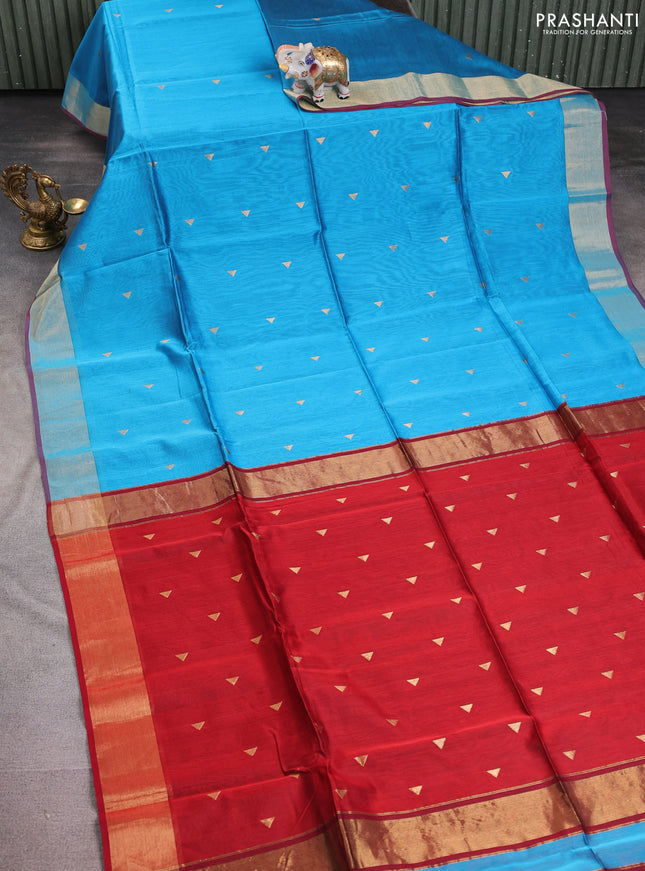 Maheshwari silk cotton saree cs blue and red with zari woven geometric buttas and zari woven border