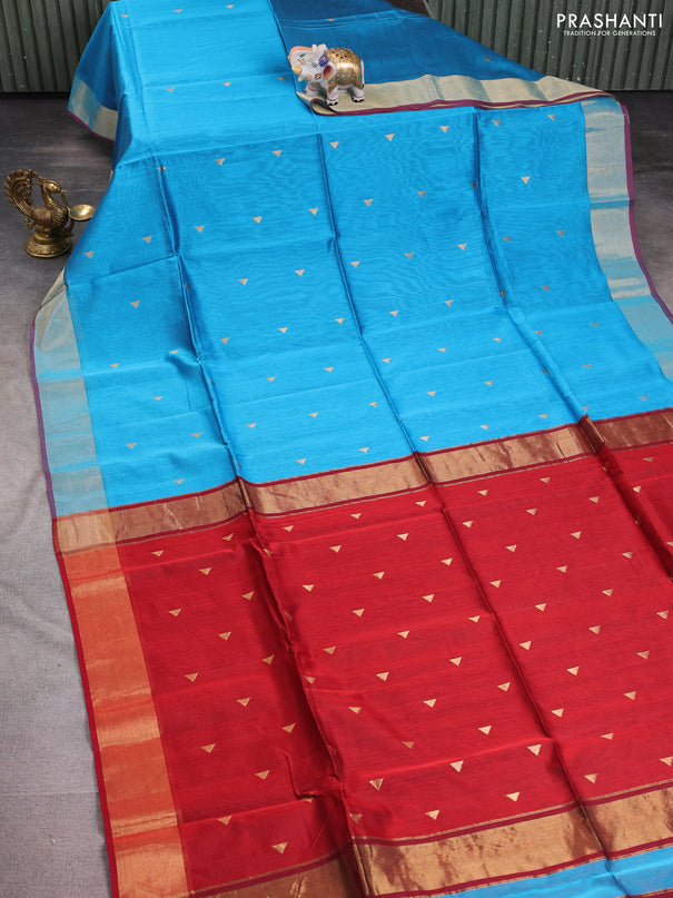 Maheshwari silk cotton saree cs blue and red with zari woven geometric buttas and zari woven border