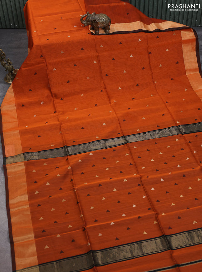 Maheshwari silk cotton saree rustic orange and black with thread & zari woven geometric buttas and zari woven border