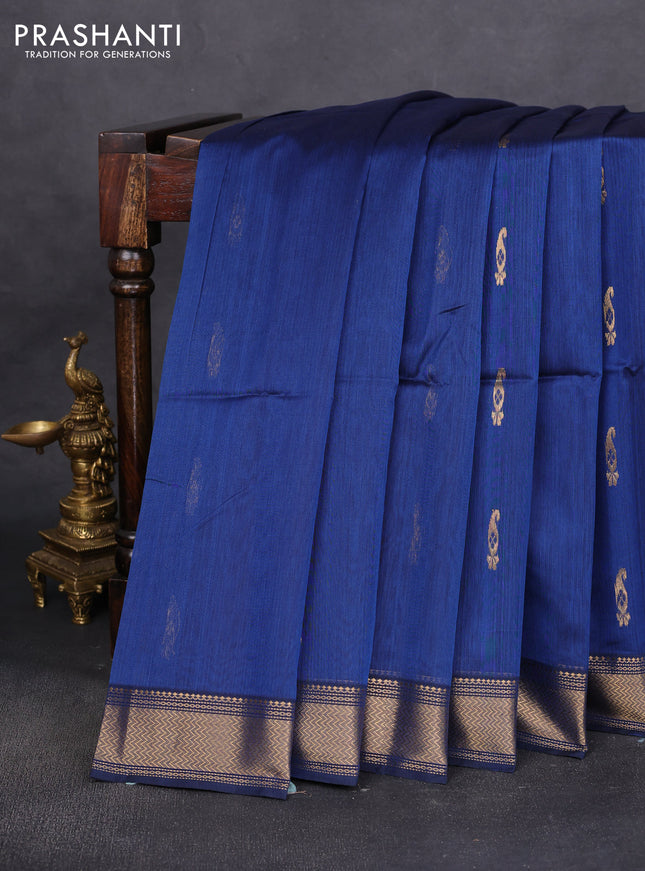 Maheshwari silk cotton saree peacock blue and black with paisley zari woven buttas and zari woven border