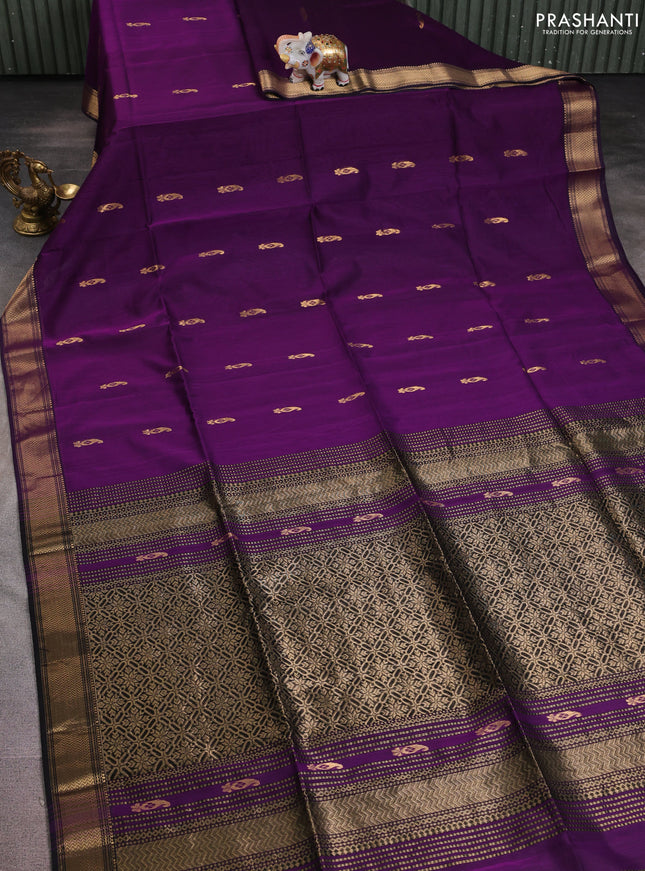Maheshwari silk cotton saree purple and black with paisley zari woven buttas and zari woven border