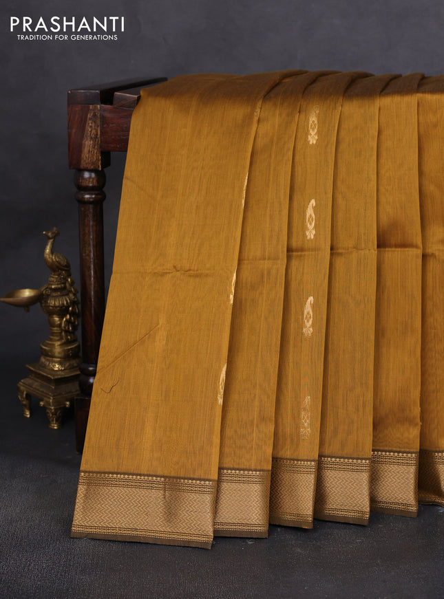 Maheshwari silk cotton saree dark mustard and black with paisley zari woven buttas and zari woven border