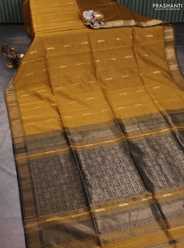 Maheshwari silk cotton saree dark mustard and black with paisley zari woven buttas and zari woven border