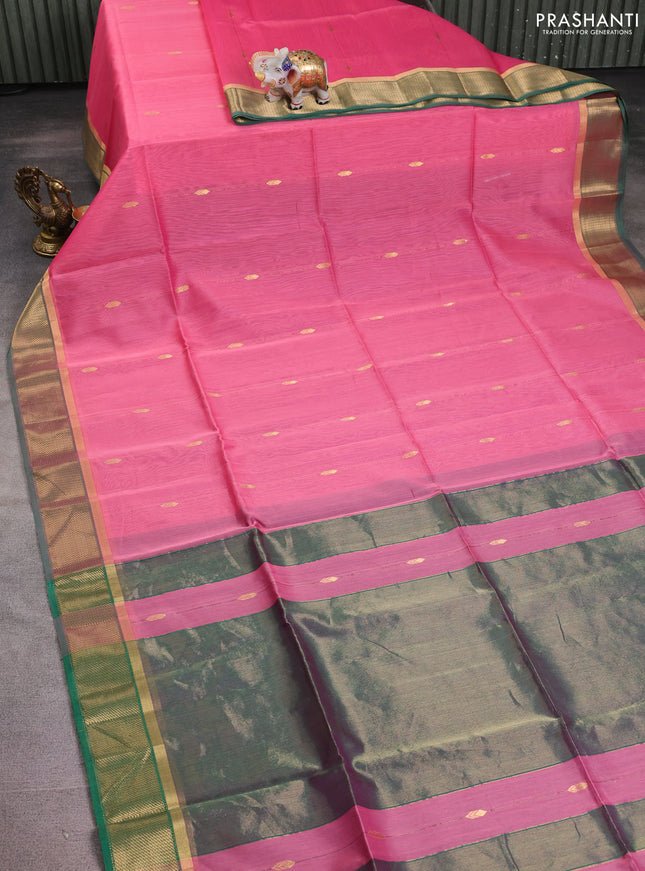 Maheshwari silk cotton saree peach pink and green with zari weaves & buttas and zari woven border
