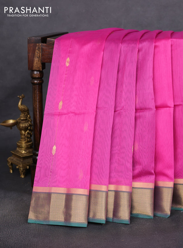Maheshwari silk cotton saree pink and green with zari weaves & buttas and zari woven border