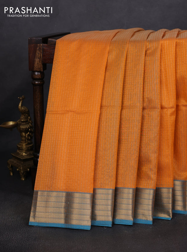 Maheshwari silk cotton saree plae orange and teal blue with allover small zari checked pattern and zari woven border