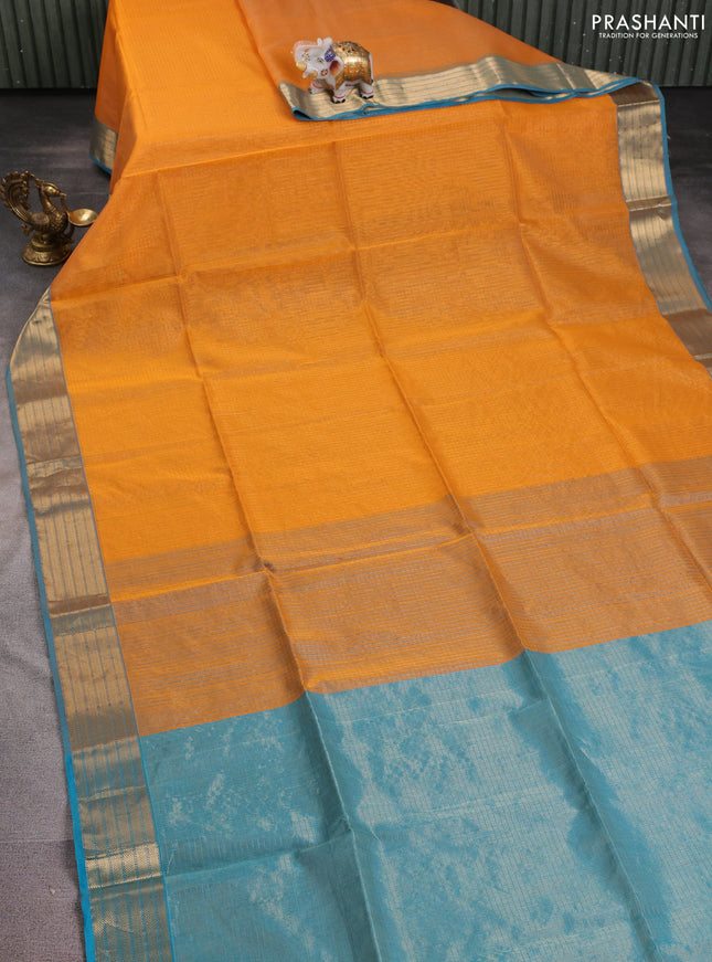 Maheshwari silk cotton saree plae orange and teal blue with allover small zari checked pattern and zari woven border