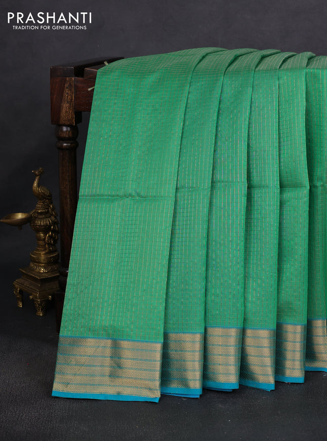 Maheshwari silk cotton saree green and teal blue with allover small zari checked pattern and zari woven border