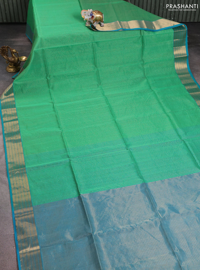 Maheshwari silk cotton saree green and teal blue with allover small zari checked pattern and zari woven border