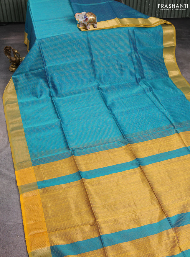 Maheshwari silk cotton saree teal blue and yellow with allover zari checked pattern and zari woven border