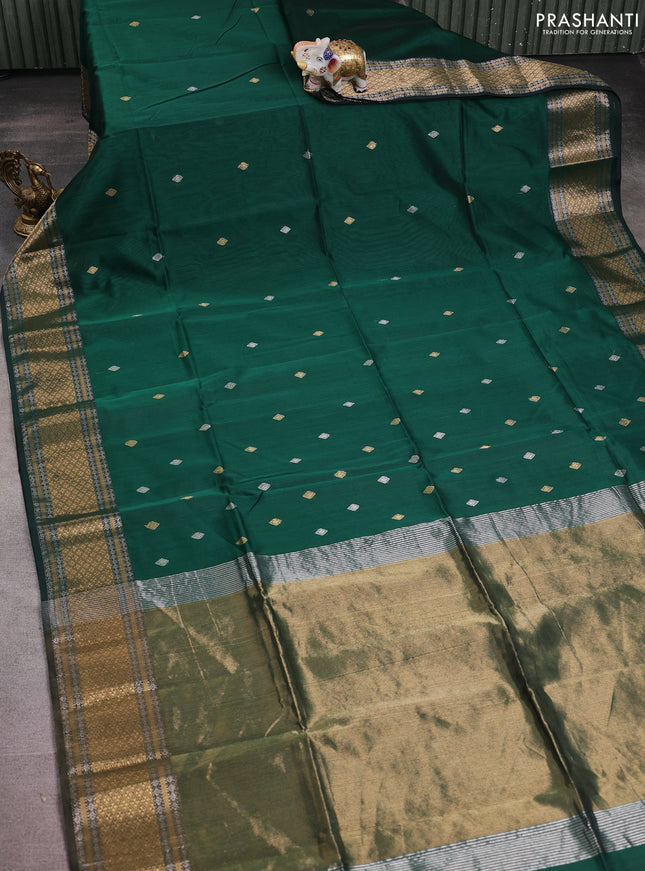 Maheshwari silk cotton saree green with silver & gold zari woven buttas and zari woven border