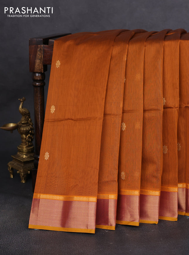 Maheshwari silk cotton saree rust shade and dark mustard blue with zari woven buttas and zari woven border