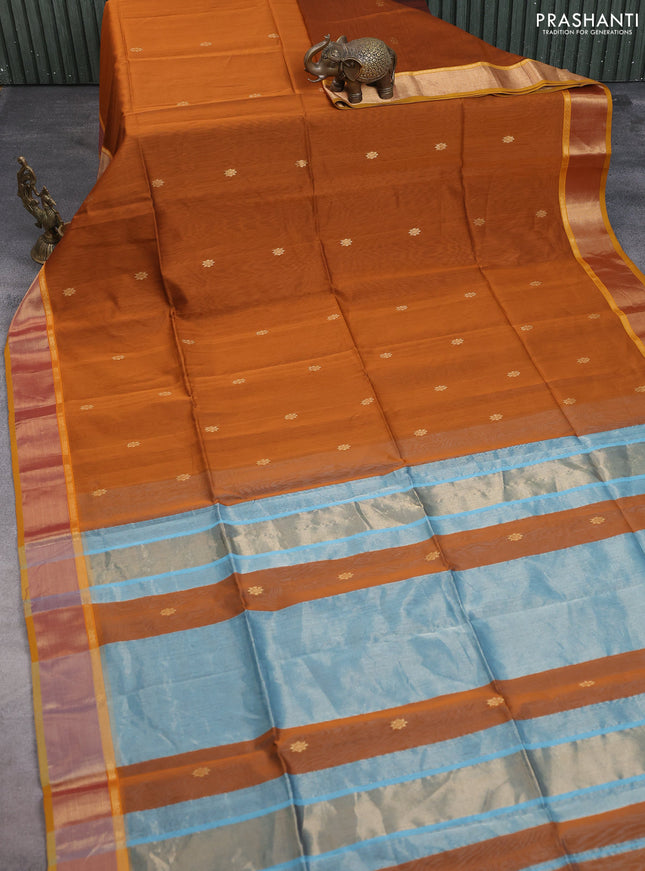 Maheshwari silk cotton saree rust shade and dark mustard blue with zari woven buttas and zari woven border