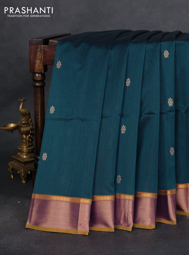 Maheshwari silk cotton saree peacock blue and purple mustard yellow with zari woven buttas and zari woven border