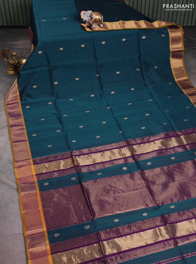 Maheshwari silk cotton saree peacock blue and purple mustard yellow with zari woven buttas and zari woven border