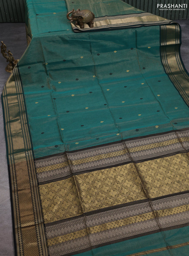 Maheshwari tissue silk cotton saree teal green and black with allover vairosi pattern & buttas and zari woven border
