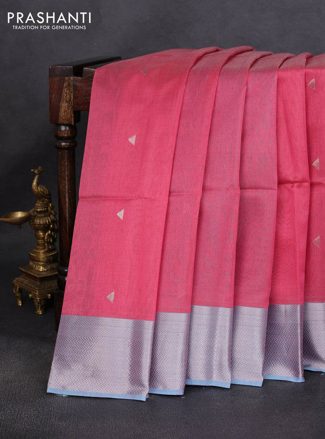 Maheshwari silk cotton saree pink shade and light blue with silver zari woven geometric buttas and silver zari woven border