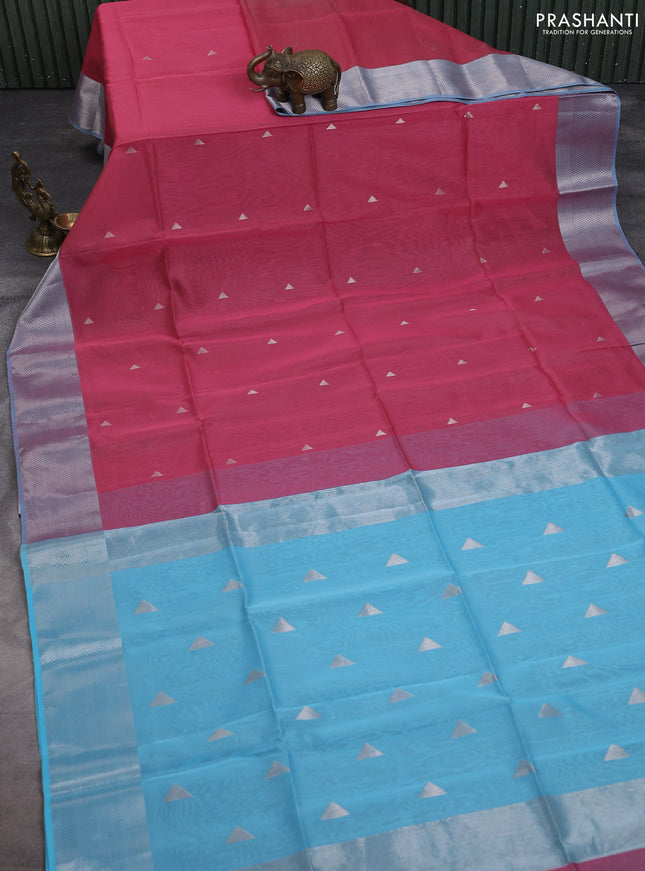 Maheshwari silk cotton saree pink shade and light blue with silver zari woven geometric buttas and silver zari woven border
