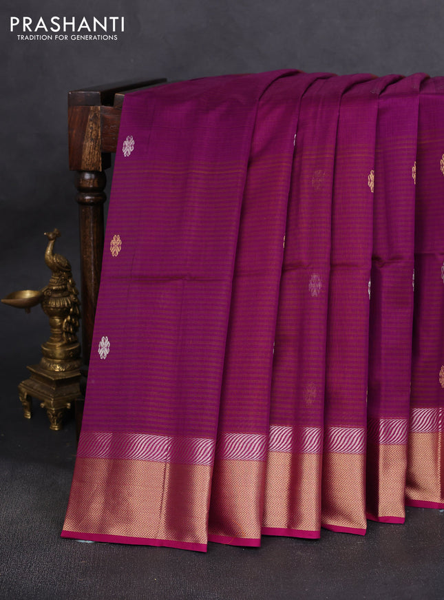Maheshwari silk cotton saree purple and orange with silver & gold zari woven buttas and zari woven border