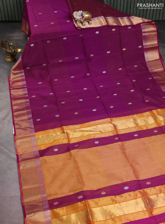 Maheshwari silk cotton saree purple and orange with silver & gold zari woven buttas and zari woven border