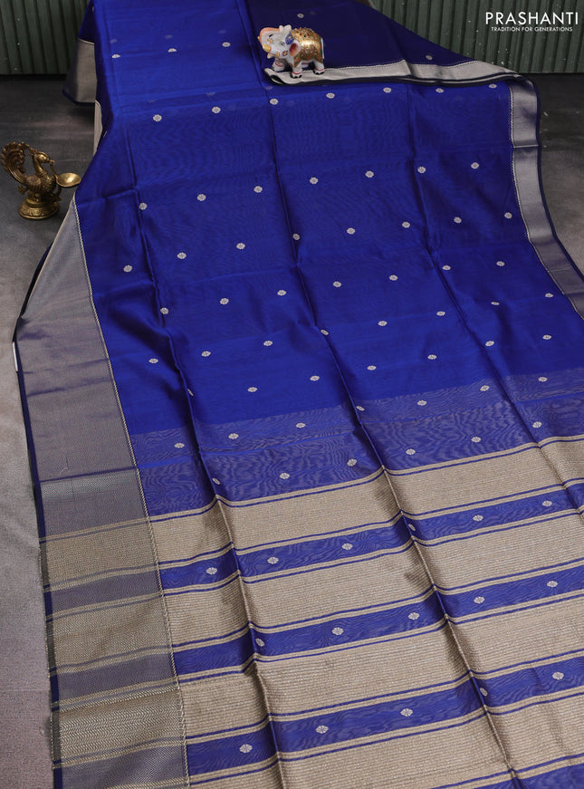 Maheshwari silk cotton saree blue and beige with thread woven buttas and thread woven border