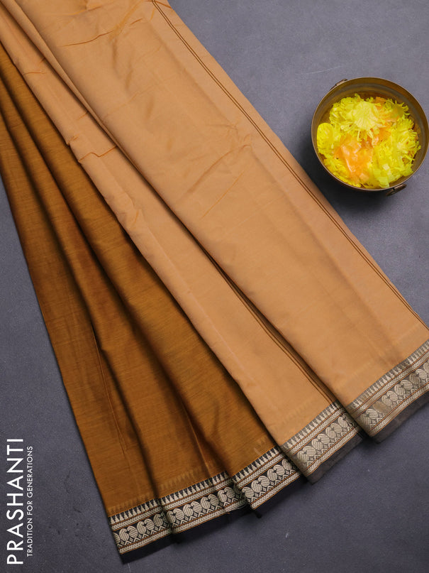 Narayanpet cotton saree dark mustard and black with plain body and paisley thread woven border