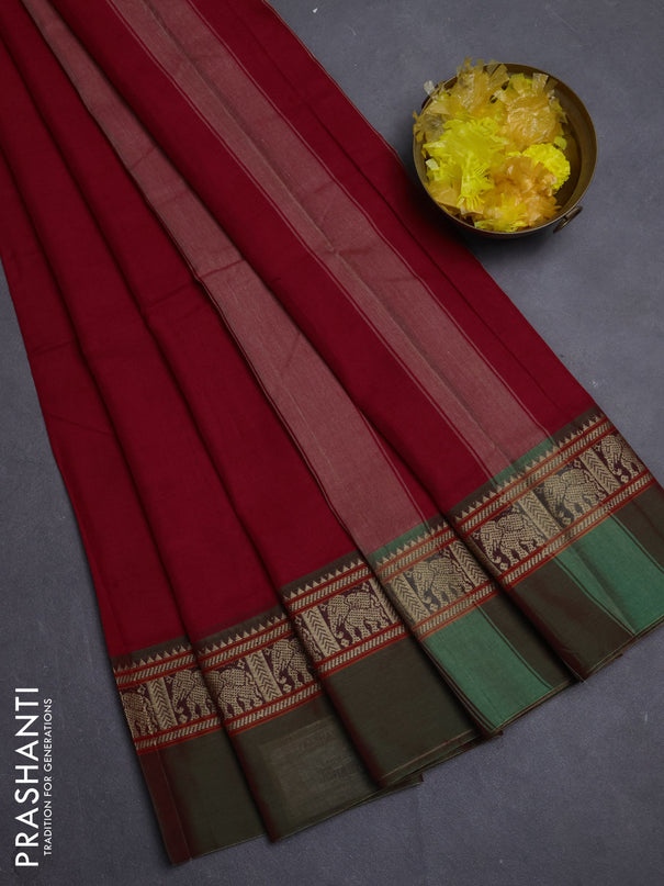 Narayanpet cotton saree red and light green with plain body and elephant thread woven simple border