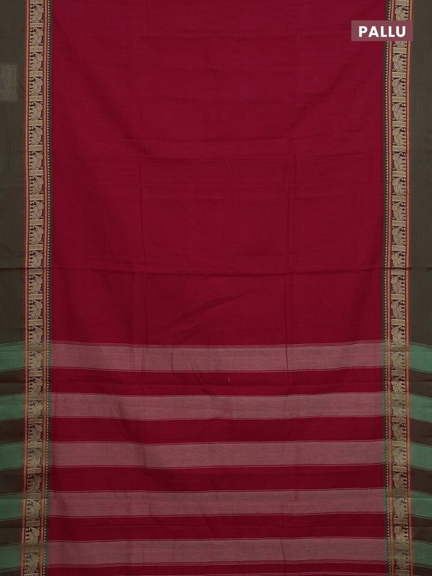 Narayanpet cotton saree red and light green with plain body and elephant thread woven simple border