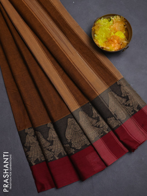 Narayanpet cotton saree dark mustard and deep maroon with plain body and thread woven simple border