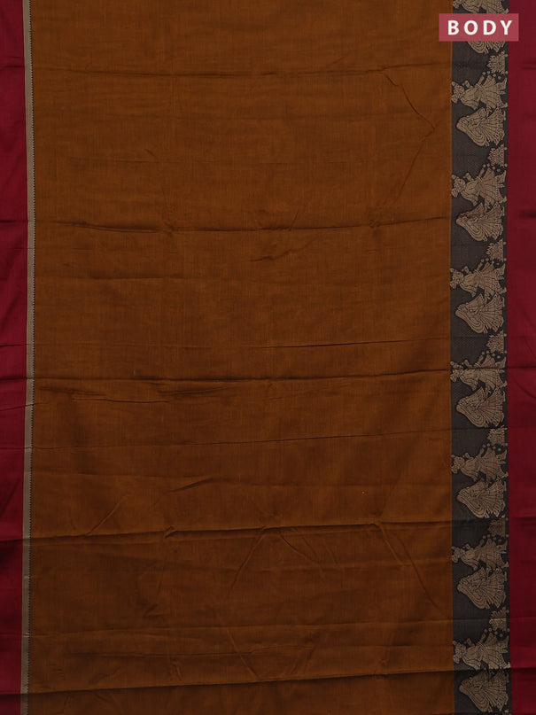 Narayanpet cotton saree dark mustard and deep maroon with plain body and thread woven simple border