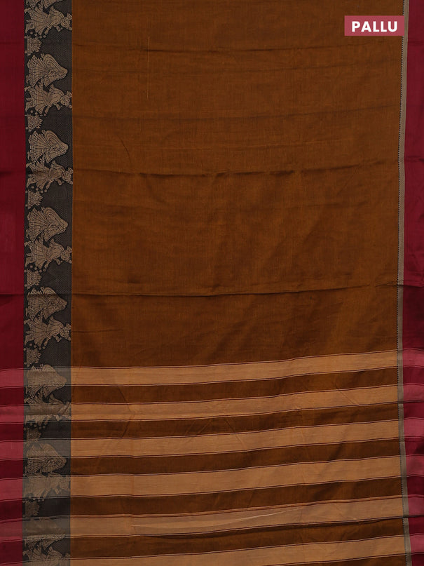 Narayanpet cotton saree dark mustard and deep maroon with plain body and thread woven simple border