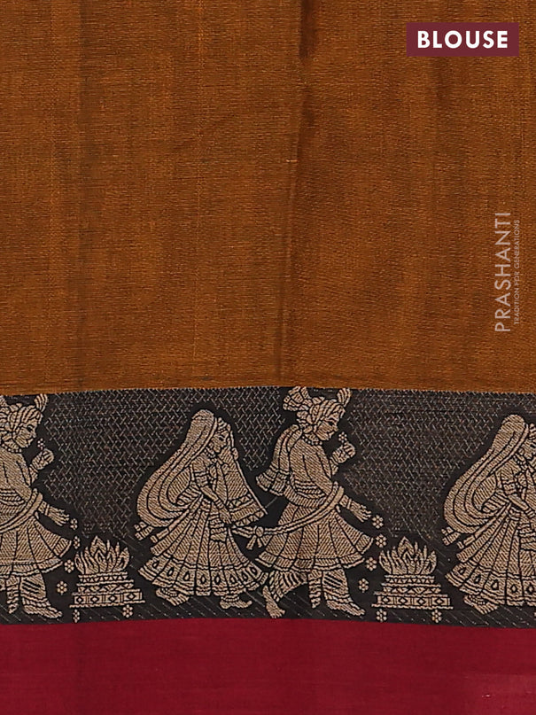 Narayanpet cotton saree dark mustard and deep maroon with plain body and thread woven simple border